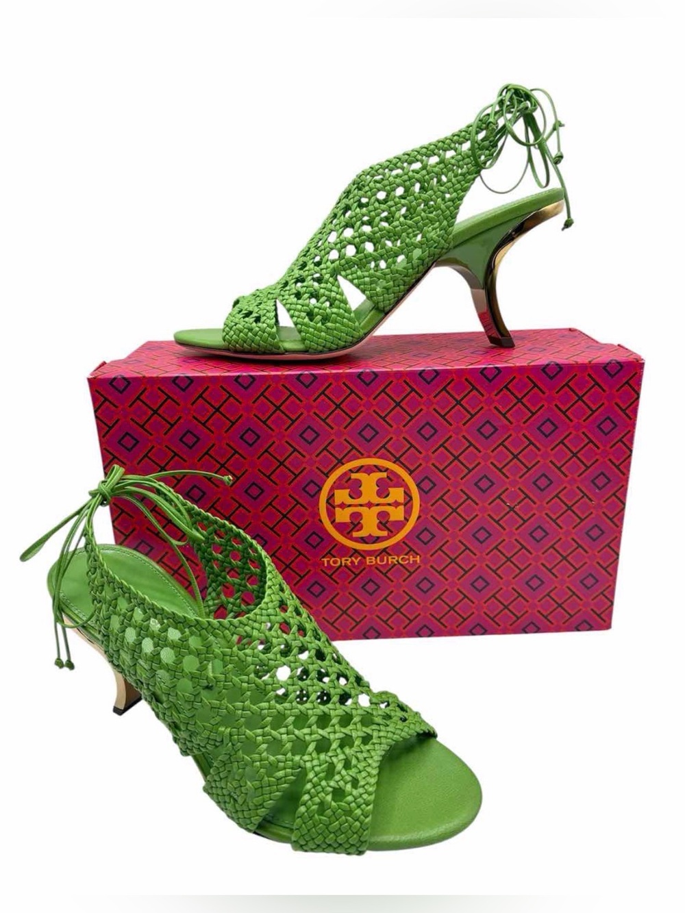 RARE Tory Burch Peridot Woven Curved Heel Sandals Green Leather Size 9 NIB